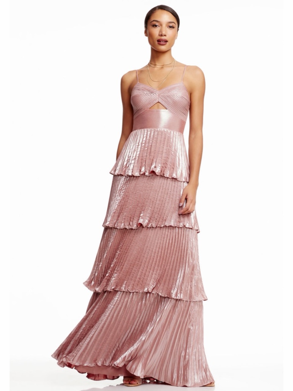 NWT Dress The Population Zahrah Tiered Pleated Rose Pink Metallic Satin Gown